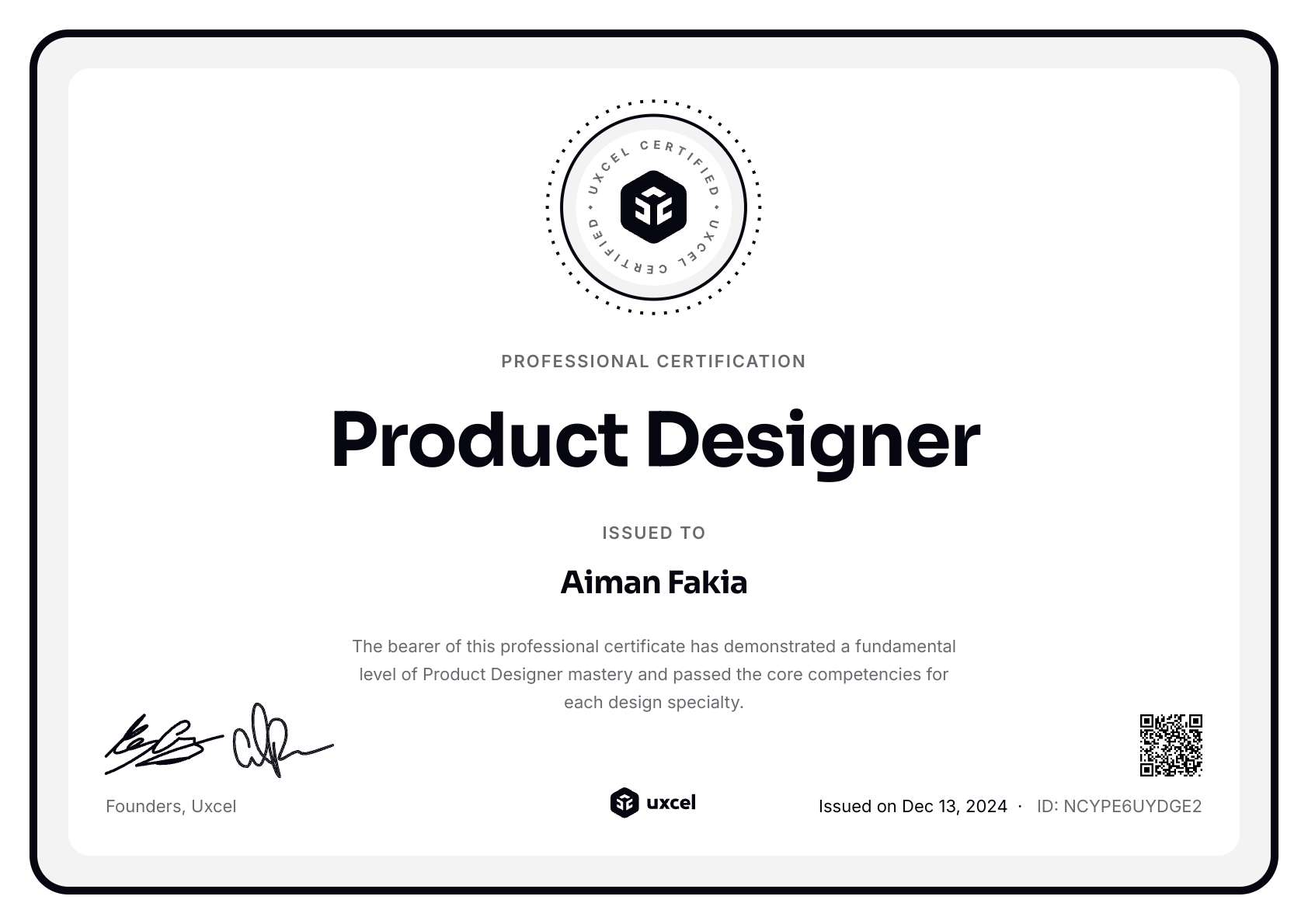 Aiman Fakia's certificate